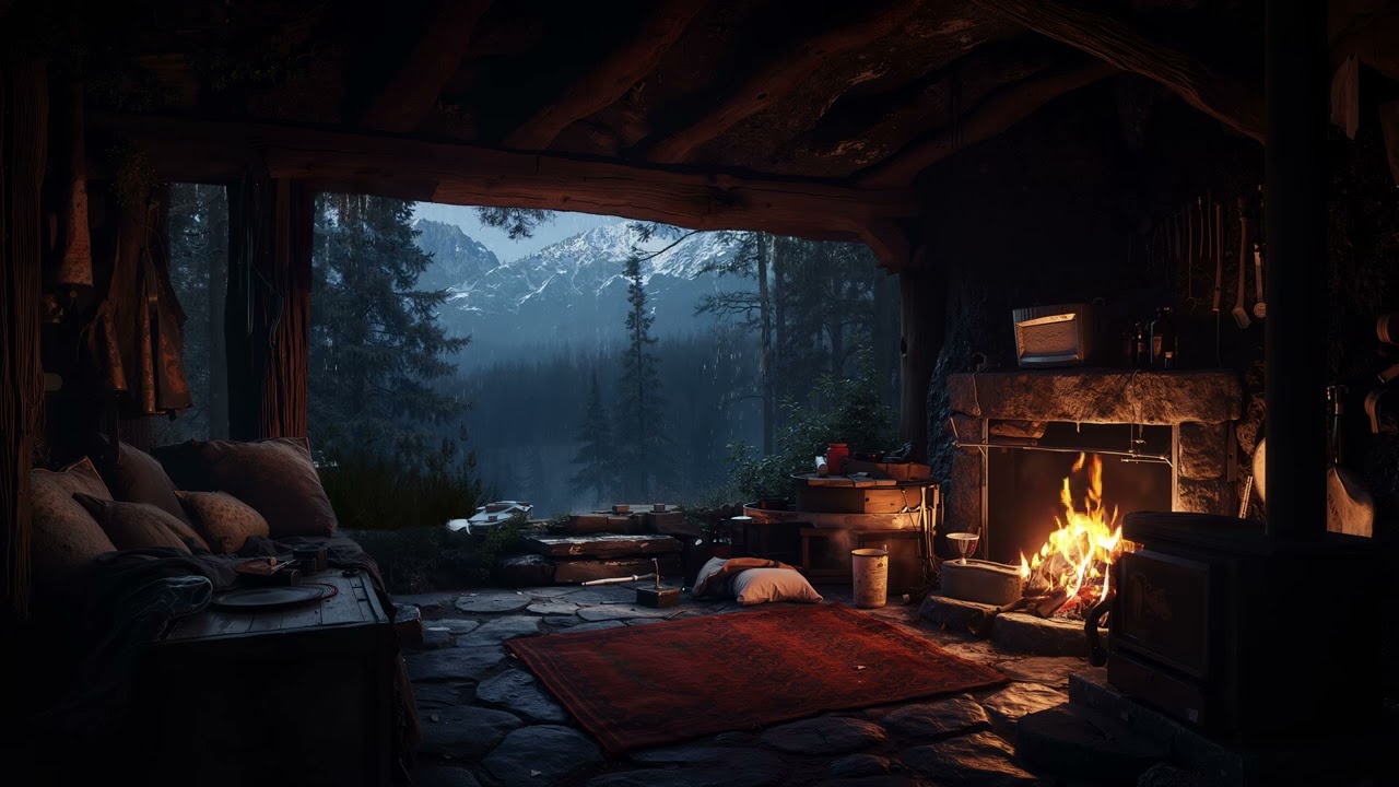 No Ads  Cozy Fireplace Sounds Calm Night Rainfall with Gentle Thunder🔥