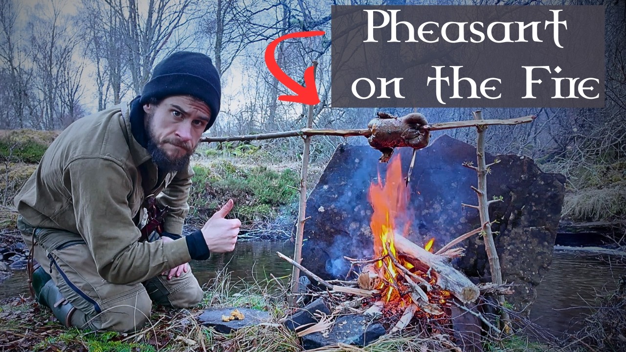 Solo Winter Bushcraft Camp Scotland - Cooking Pheasant Over Fire