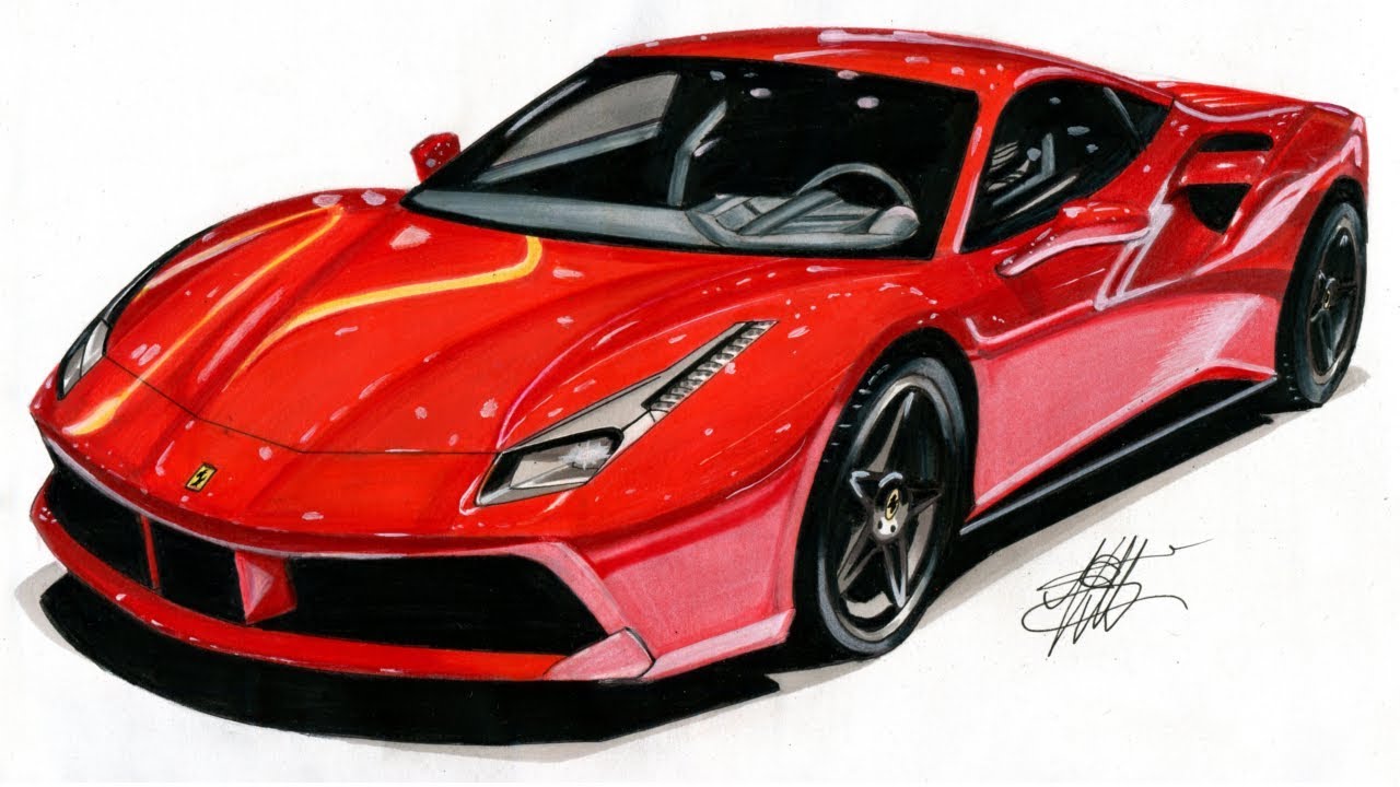 Realistic Car Drawing - Ferrari 488 GTB - Time Lapse