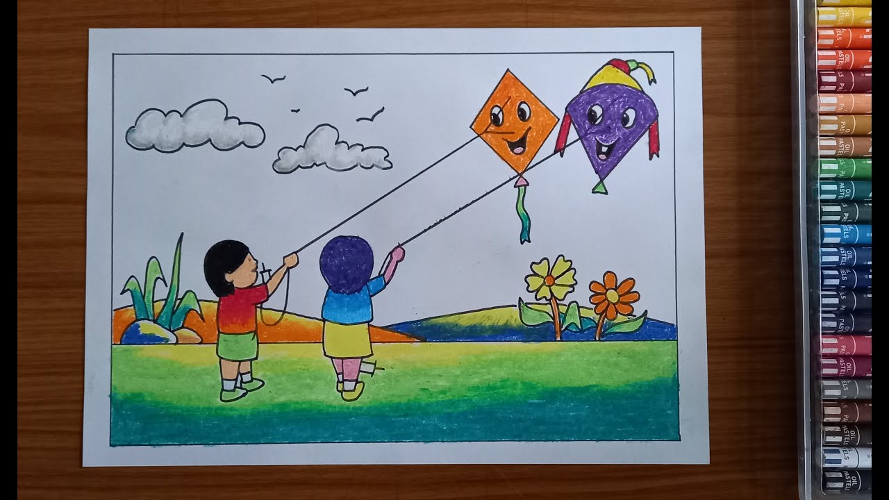 Kite flying drawing and colouring | Drawing on Kite festival | Makar sankranti drawing ideas