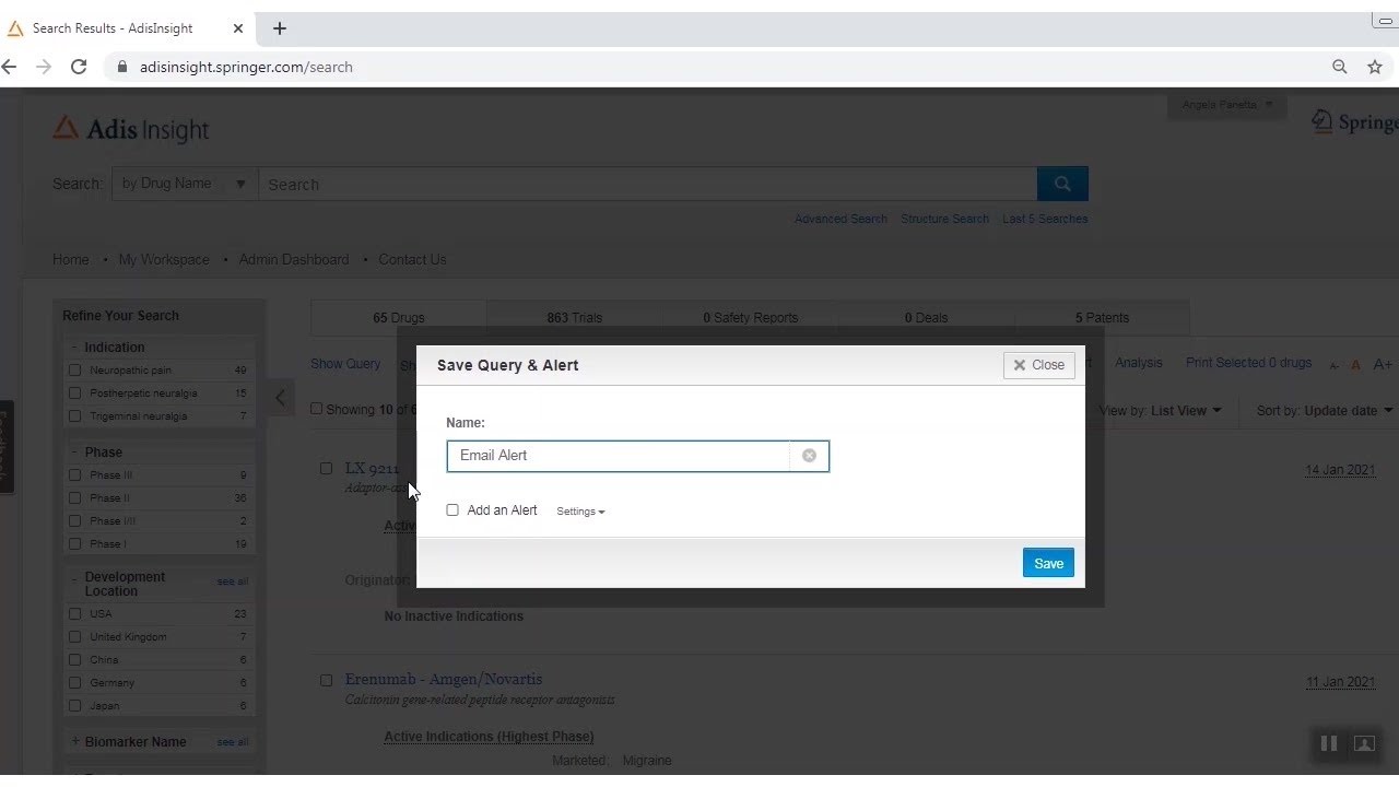 AdisInsight: How to Save your Searches and create Email Alerts