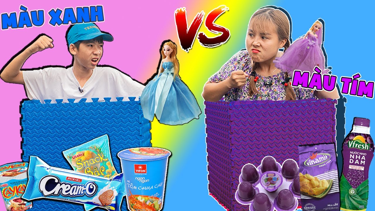 Thử Thách 24h Trong Thùng Xốp Ăn Đồ Ăn Màu Tím Vs Đồ Ăn Màu Xanh Dương ❤ KN CHENO Chị Hằng