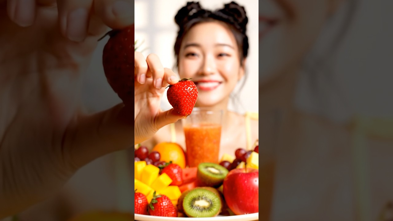A girl eating  Fresh Fruits & Juice 🍊🍹 | Satisfying Snack 
