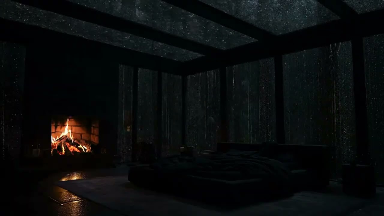 The sound of rain surrounding a peaceful cabin alone in the forest at night