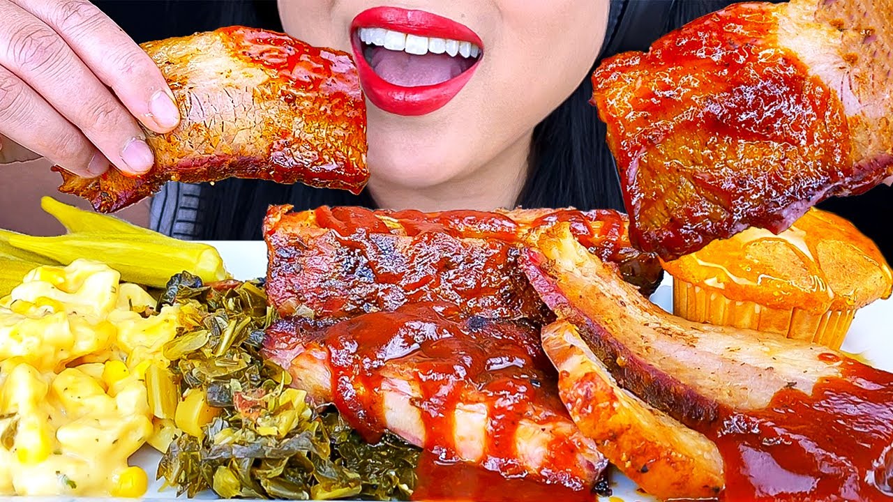 ASMR BBQ RIBS, CORN BREAD, MAC N' CHEESE, COLLARD GREENS MUKBANG | EATING SOUNDS | ASMR Phan