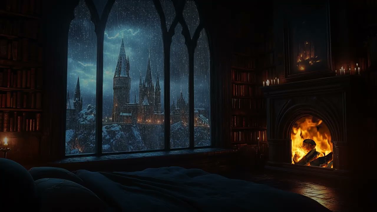 Stormy Rain Castle View | Warm Dark Bedroom Fireplace | Soothing Atmosphere for Focus