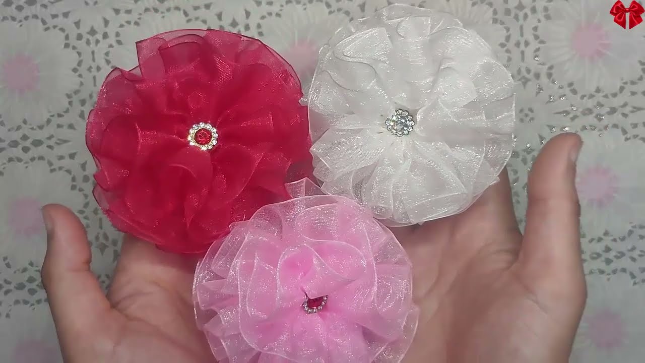 عمل توكه وردة من شريط الأورجانزا الاكثر مبيعا  Making a flower hair clip from an organza ribbon