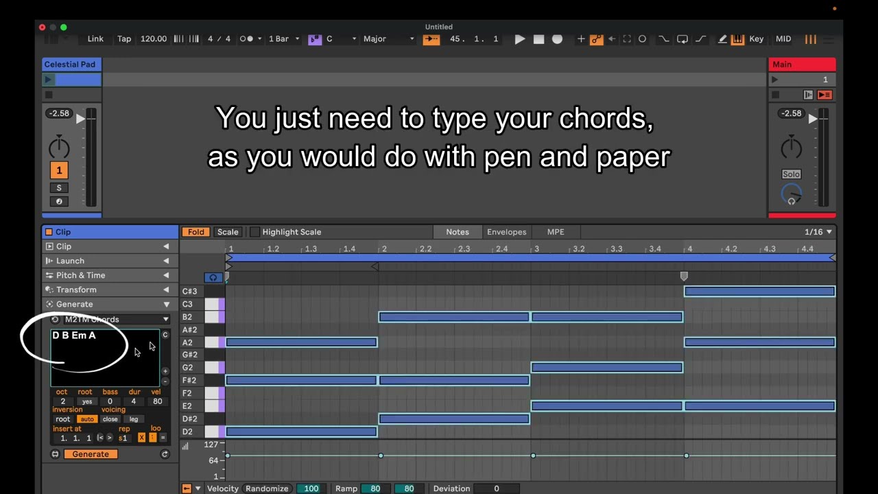 MT2M CHORDS, an Ableton Live 12 midi tool for creating chord progressions in a snap