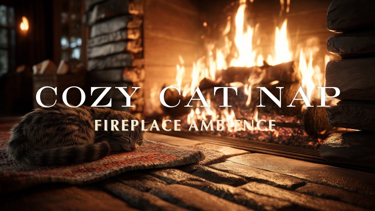 Sleeping Kitten by the Fireplace 4K (3 Hours) | Cozy Crackling Fire Sounds (No Music)