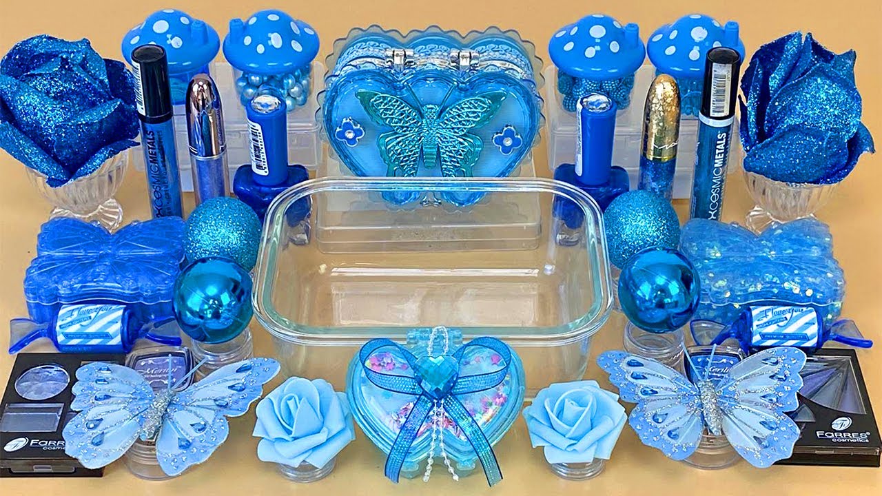 Blue BUTTERFLY SLIME. Mixing eyeshadow, makeup and glitter into Clear Slime. Satisfying sleep sounds