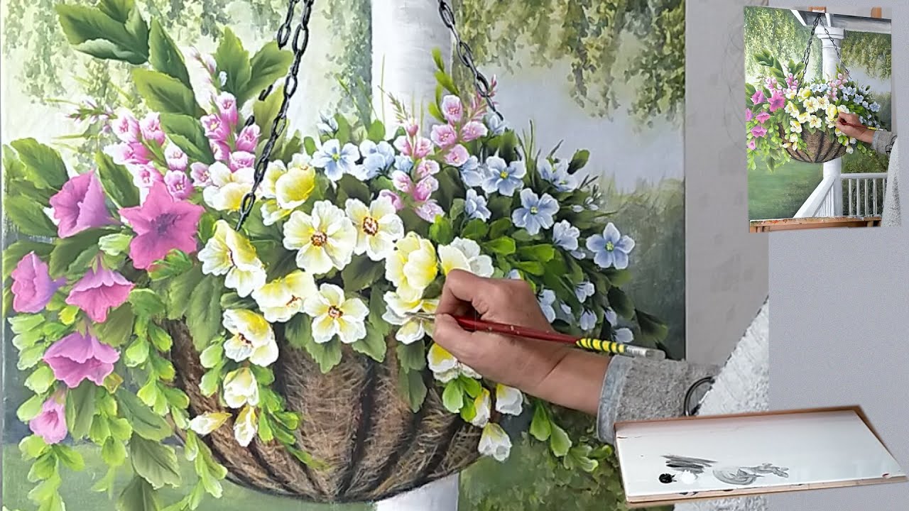 Pintar un macetero colgante con flores en un porche