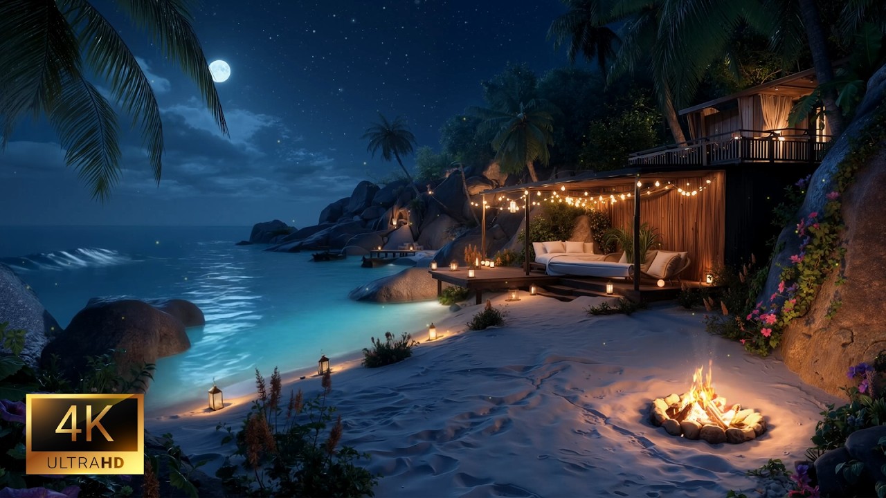 Relax by the Sea Tonight | Ocean Waves & Warm Fire Ambience
