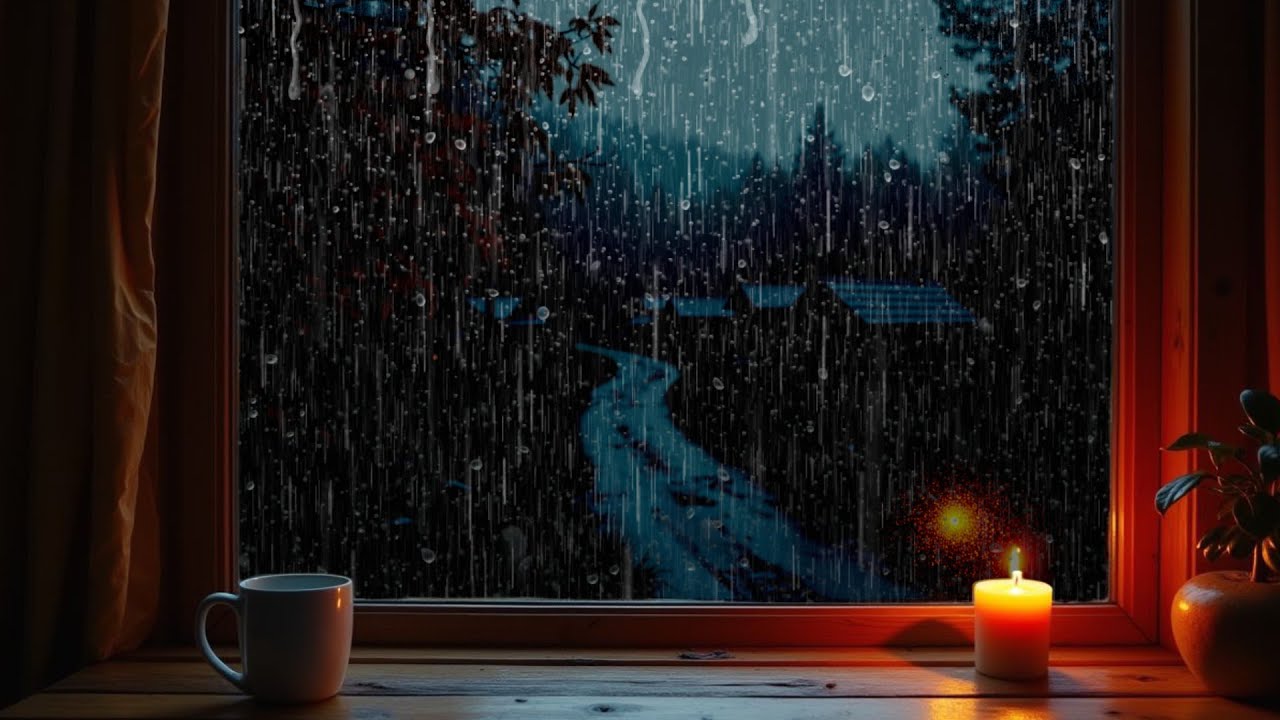 LIVE Rain & Thunder at the Cabin — Cozy Fireplace Ambience