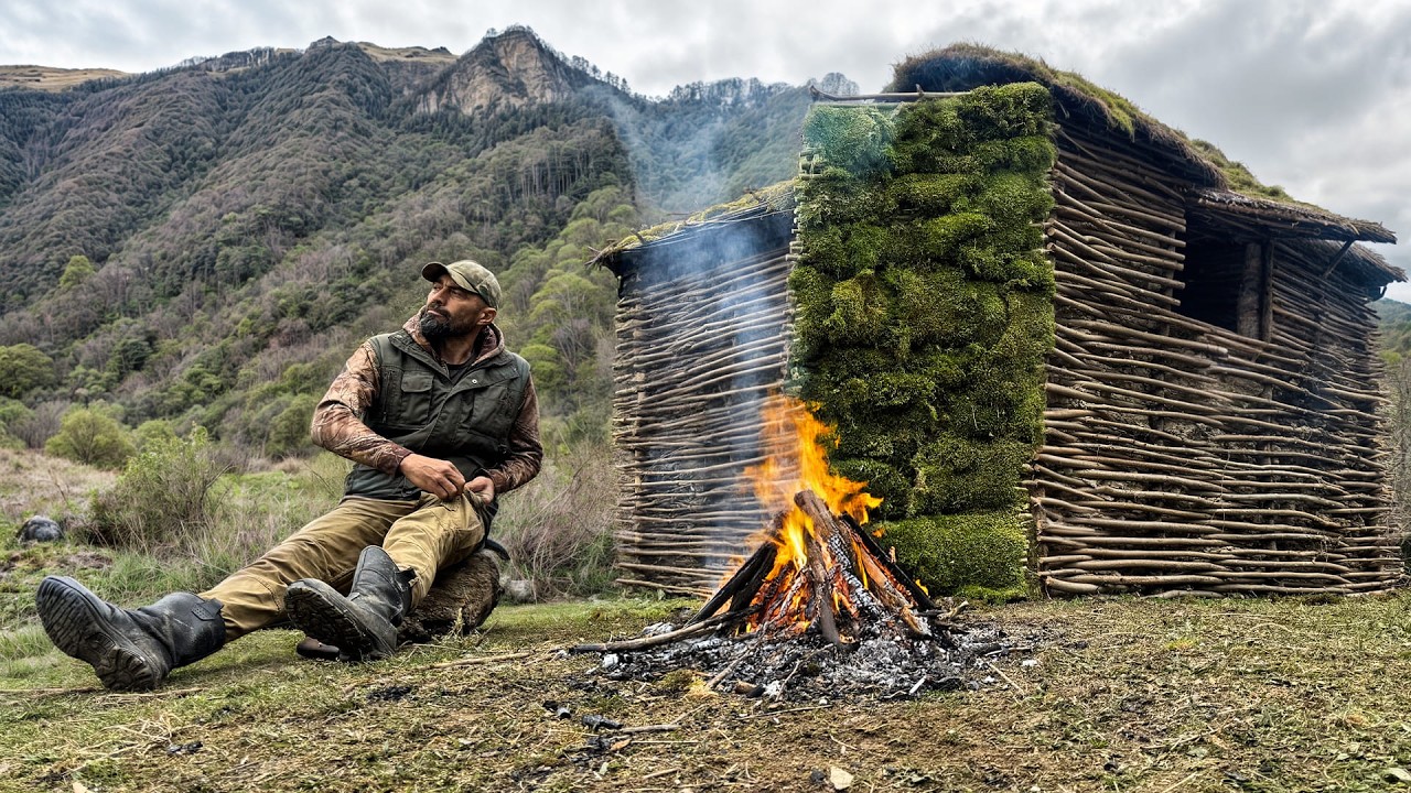 Building a Beautiful Stick Cabin in the Wild | Bushcraft Shelter with Fireplace