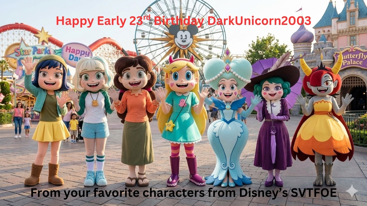 My favorite characters from #svtfoe as theme park mascots by AI celebrating my 23rd birthday😊😊😊😊🎂🎂🎂🎂