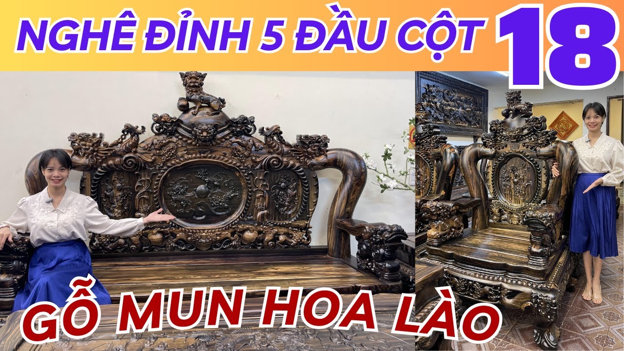 Bộ bàn ghế Nghê Đỉnh 5 đầu cột 18 gỗ Mun hoa Lào Siêu phẩm VIP nhất 2023
