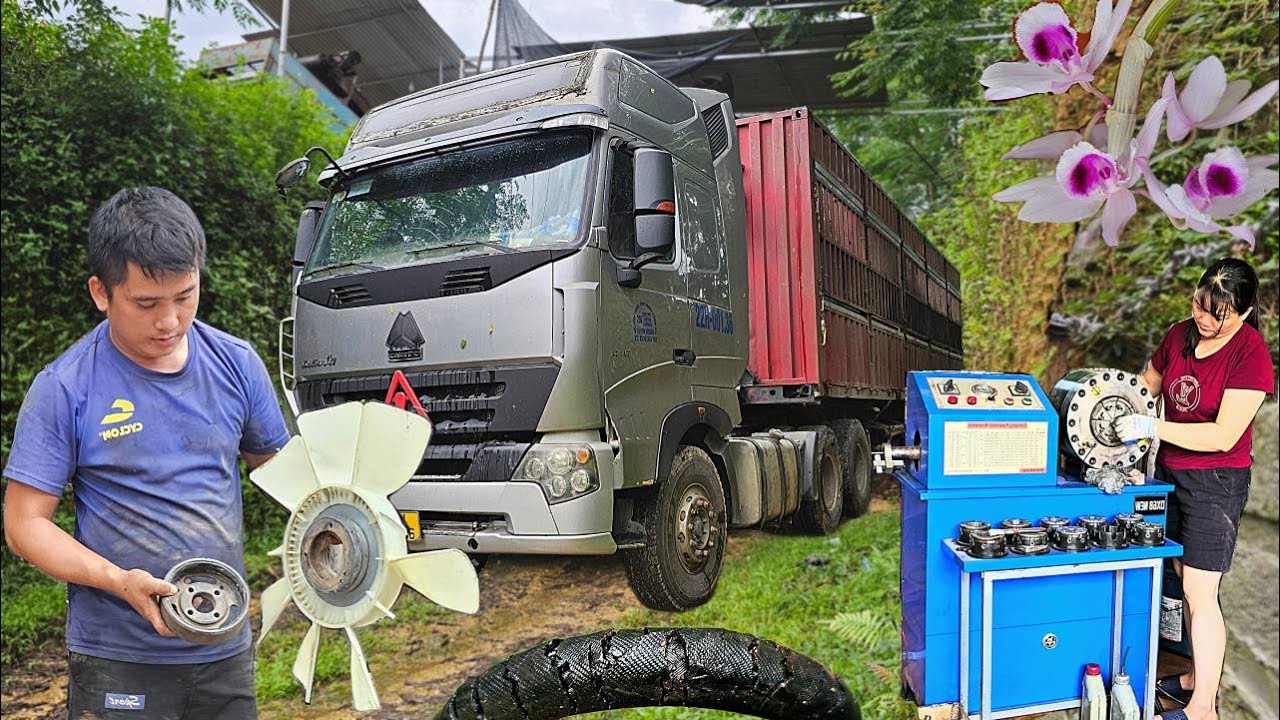 1 day of work for a repairman: Replace fan blade. Repair 120 ton tractor. Change 6x4 truck tire