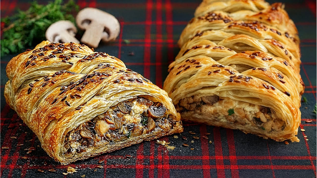 Косичка из слоеного теста с грибами и сыром — просто и вкусно!