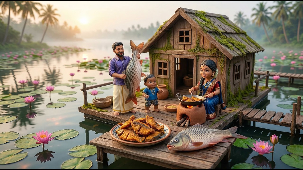 Miniature Doll BIG Carp Fish Cooking ASMR | Floating Lake House Indian Village Tiny Kitchen