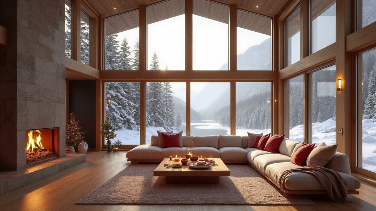 Cozy Mountain Lodge Ambience with Snowy Forest View 🔥 Crackling Fireplace Sounds