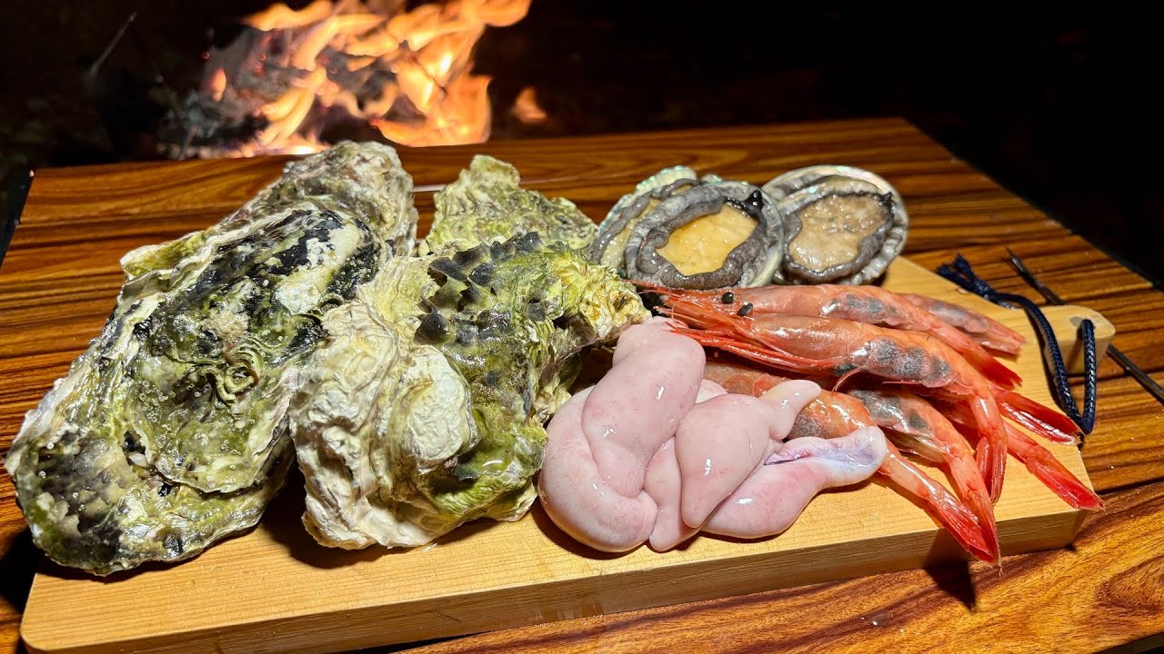 大人BBQ!SRカキ、フグ白子、アワビ、甘エビのパリパリ焼き、白子酒！
