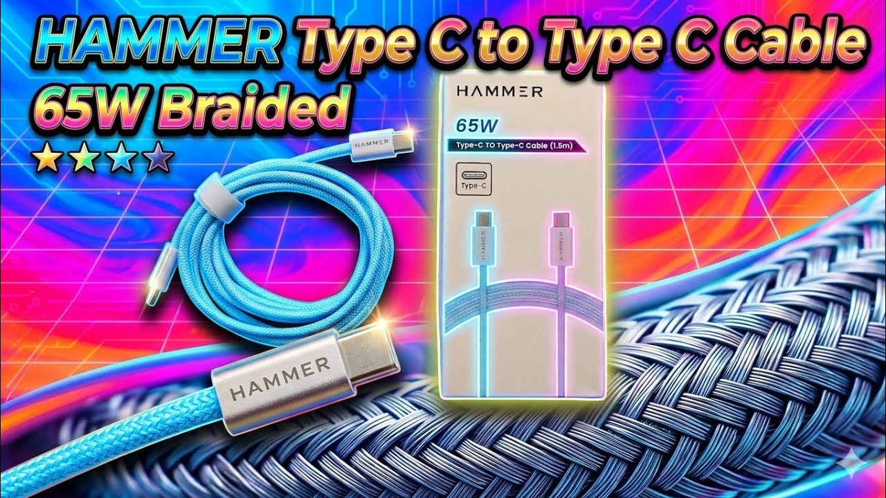 HAMMER Type C to Type C Cable 65W Braided, PD Fast Charging, Data Sync, 1.5 Meter Tangle Free Wire