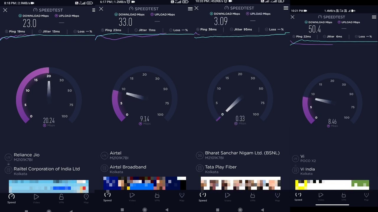 Jio vs airtel vs Vi vs BSNL Speedtest | Speed test in peak time | Speed test in West Bengal