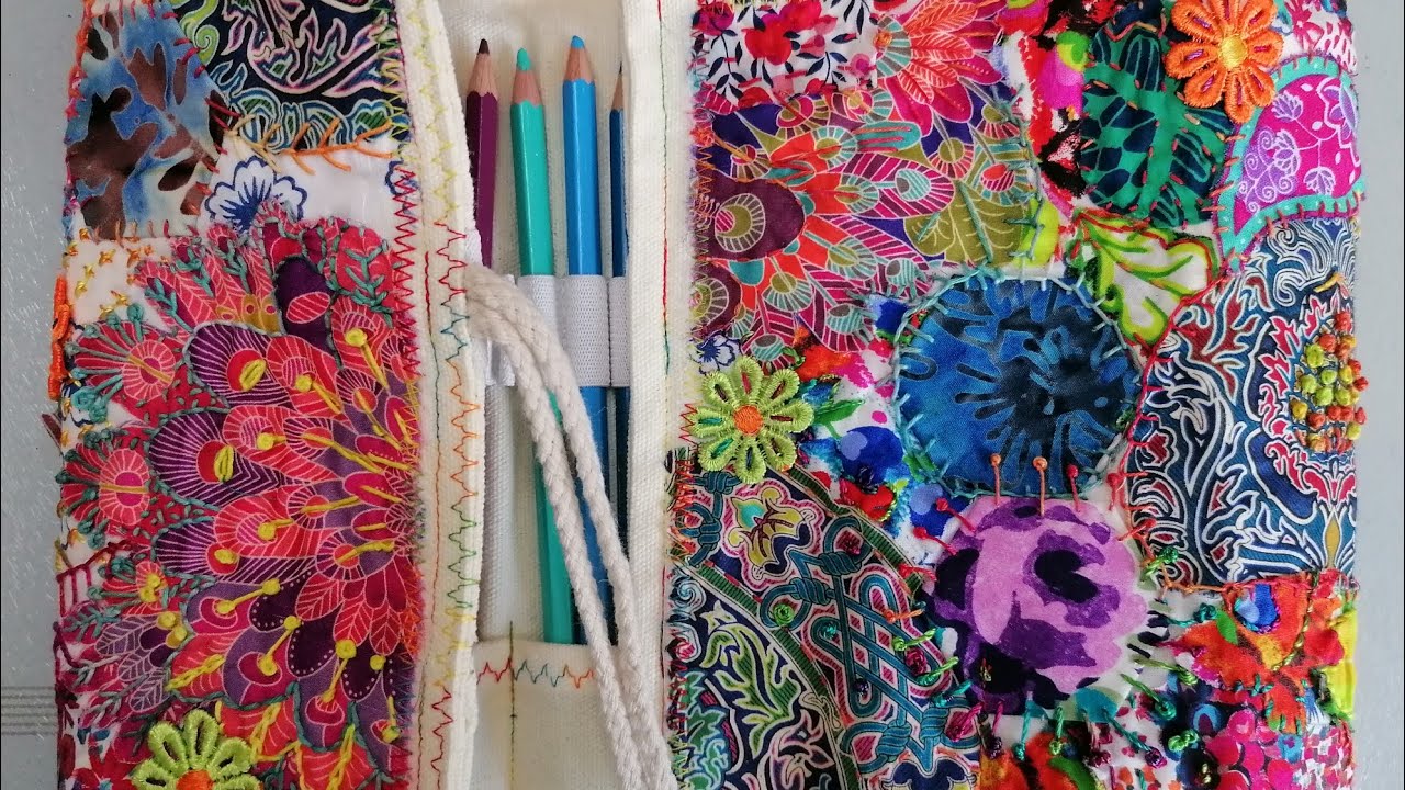 Slow stitch pencil wrap, kind of in the Maggie Morris style #slowstitching