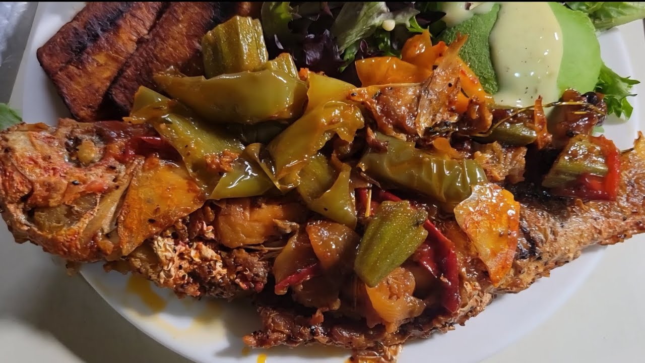 Brown stew fish with peppers and onions OKRA  brown rice and plantain and avocado 