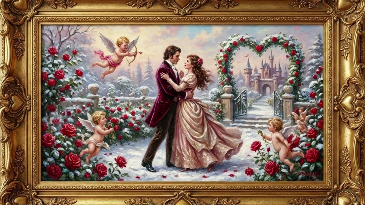 Cupid’s Snowy Garden Dance | Vintage Valentine Oil Painting | Gold Framed Art Screensaver for TV