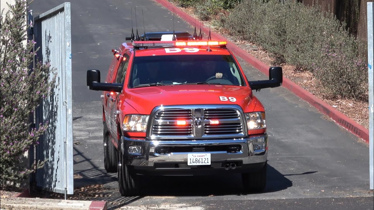Fire trucks responding to a reported fire in Los Angeles