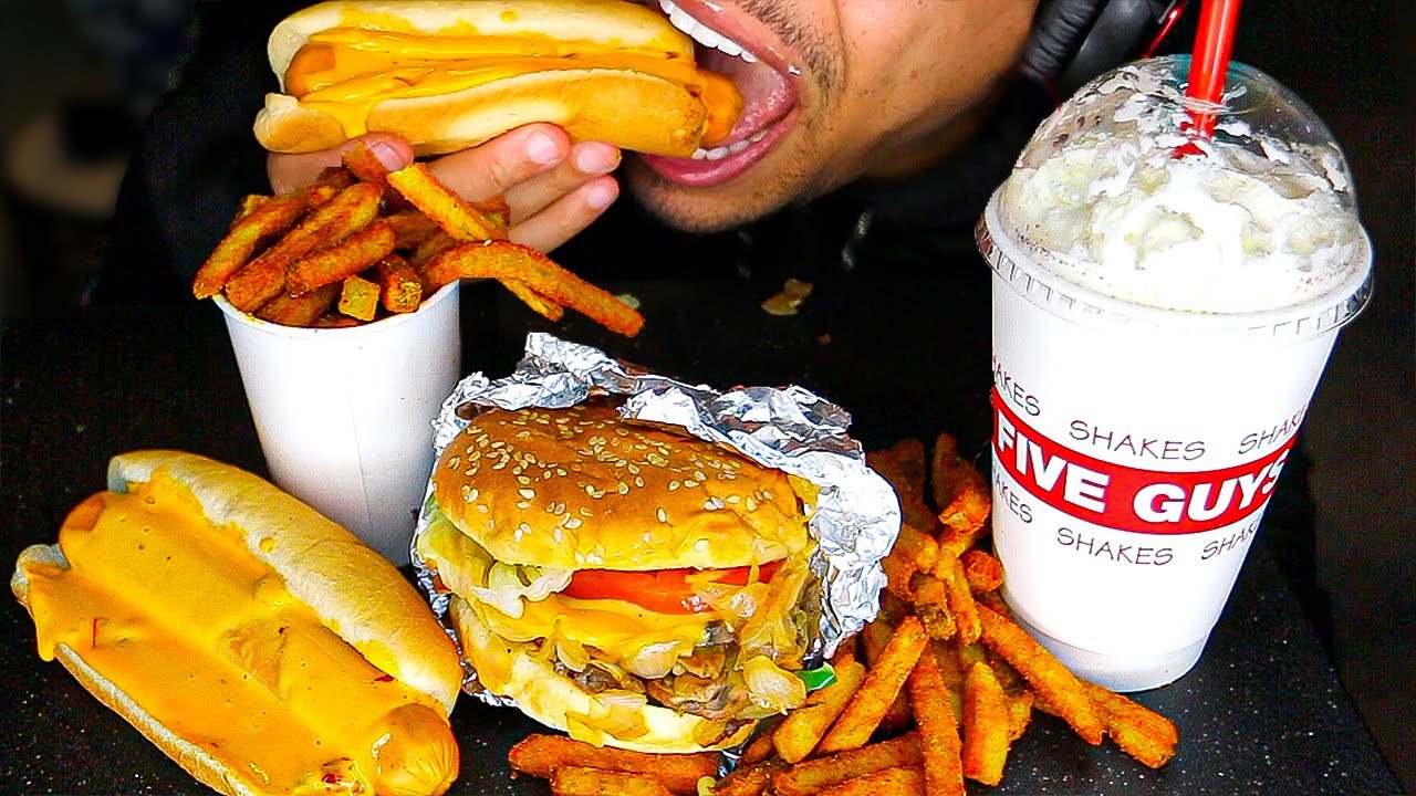 ASMR EATING FIVE GUYS BURGERS AND FRIES CHEESE HOT DOG OREO MILKSHAKE CHALLENGE MUKBANG *BIG BITES*