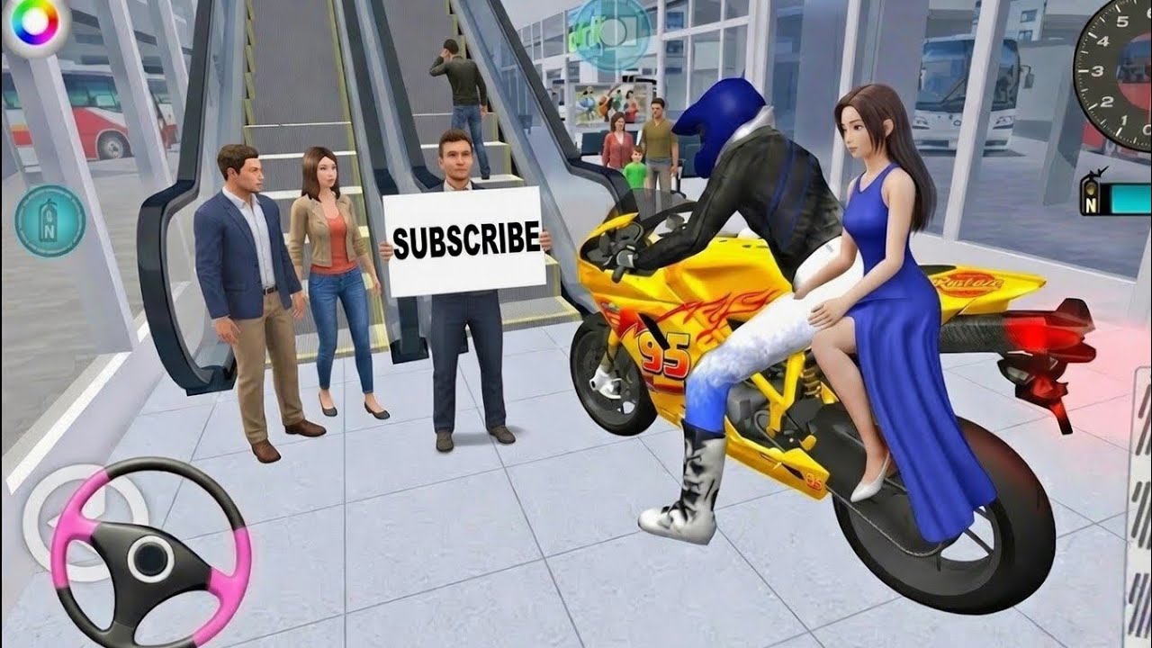 New Yellow Bike With girlfriend vs Bullet Train in Bus terminal 3D driving class game 