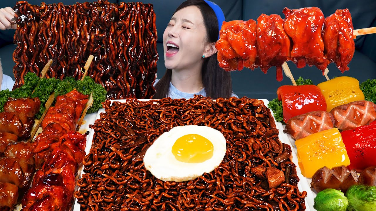 [Mukbang ASMR] Seafood Jjajang Ramen with Shrimp Spicy Chicken Skewers Korean Ramen Recipe Ssoyoung