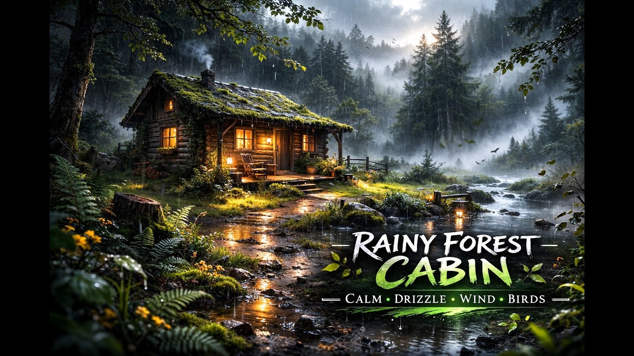 Spring Forest Cabin Rain (3+Hours) | Hushed Drizzle, Wind & Distant Birds
