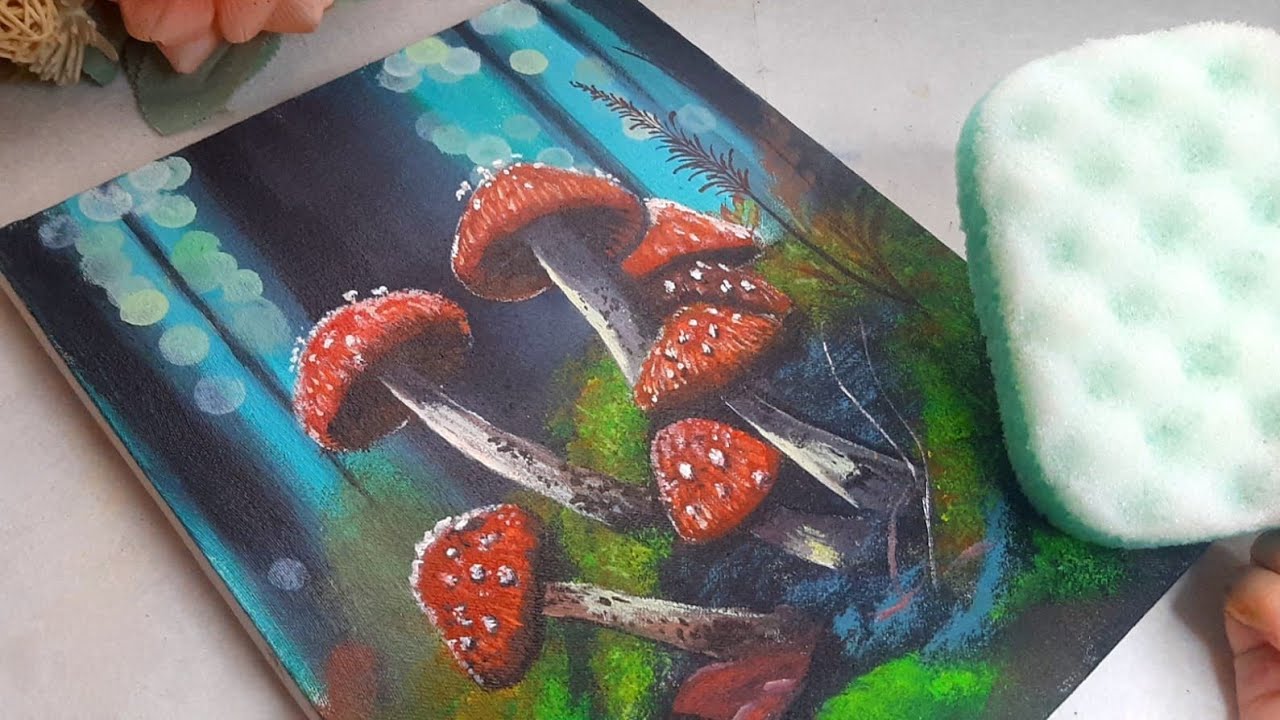 EASY Way to Draw Mushrooms in a Forest || BATH SPONGE (🧽) Technique