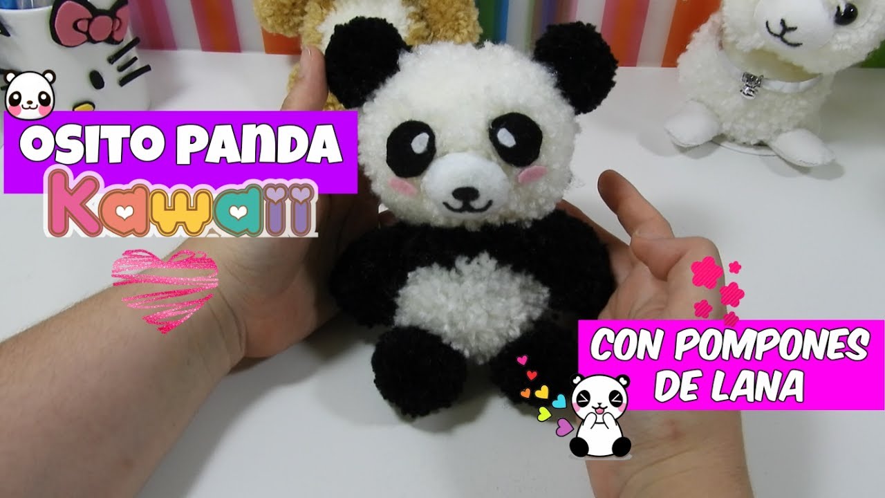 MANUALIDADES FÁCILES : PELUCHE OSO PANDA CON POMPONES DE LANA PARA HACER EN CASA
