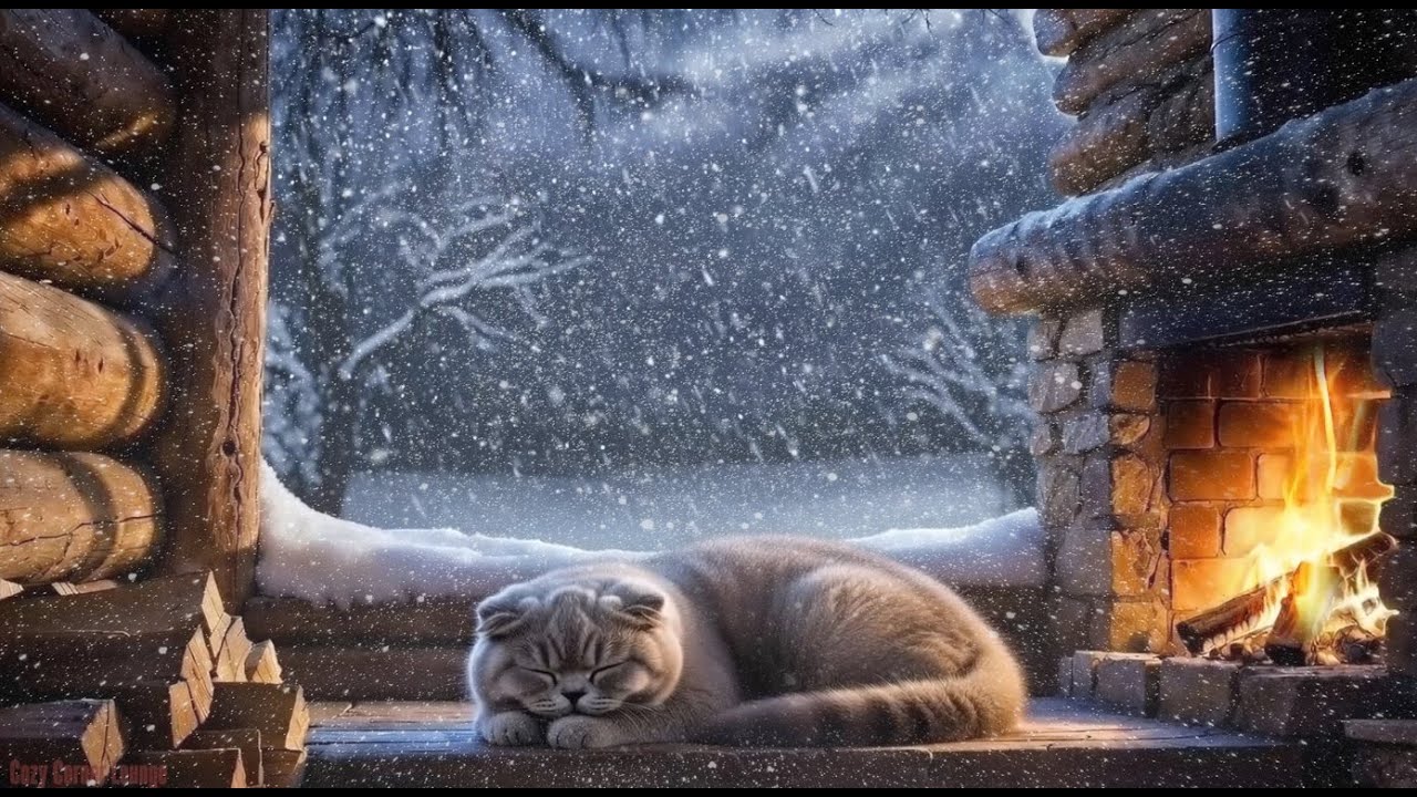 🐱 Cute Gray Cat Sleeping by Fireplace | 🔥 10 Hours Crackling Fire Sounds & Cat Purring | 4K
