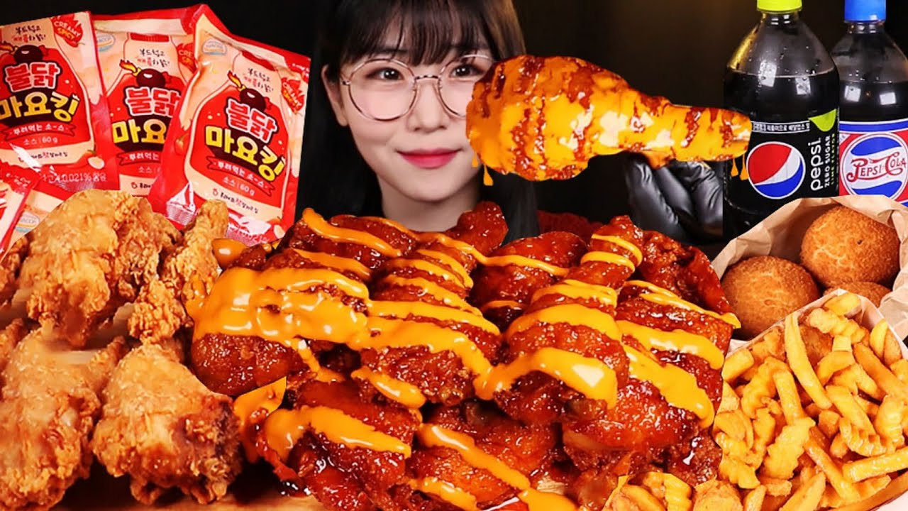 ASMR 후참잘 신메뉴🍗맵달킹치킨에 불닭마요킹 소스 듬뿍 후라이드치킨 치즈볼 눈꽃치즈감자까지! 양념 치킨 먹방 Korean Chicken mukbang | eating show
