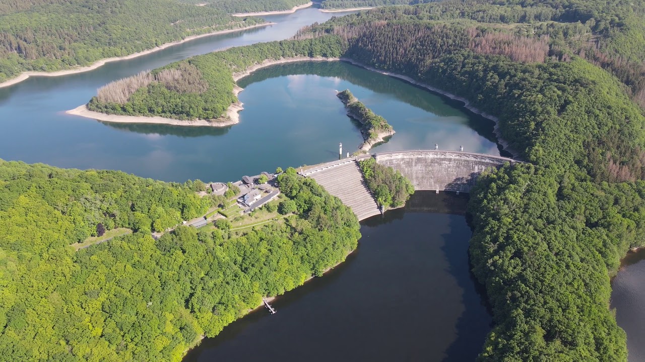Flight over Urft Dam and Reservoir