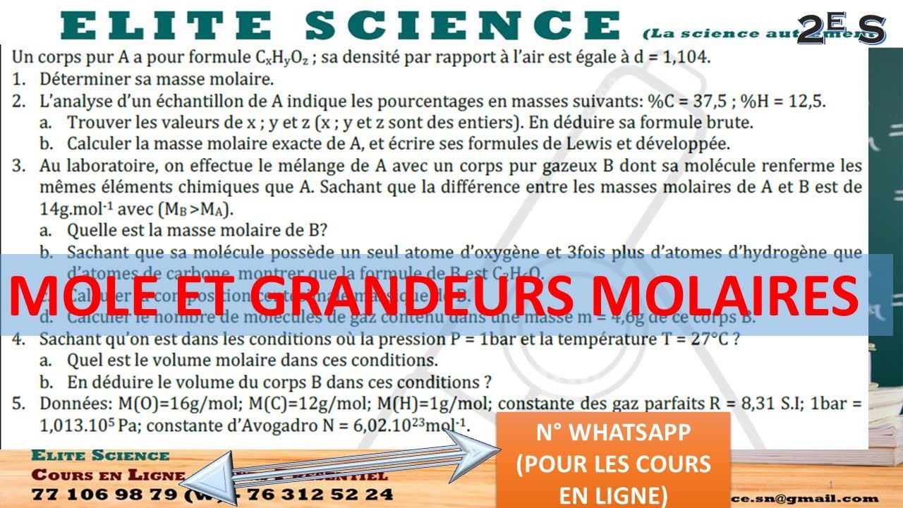 (2ndeS/PC)📽 Exercice de synthèse sur MOLE ET GRANDEURS MOLAIRES🔬⚗