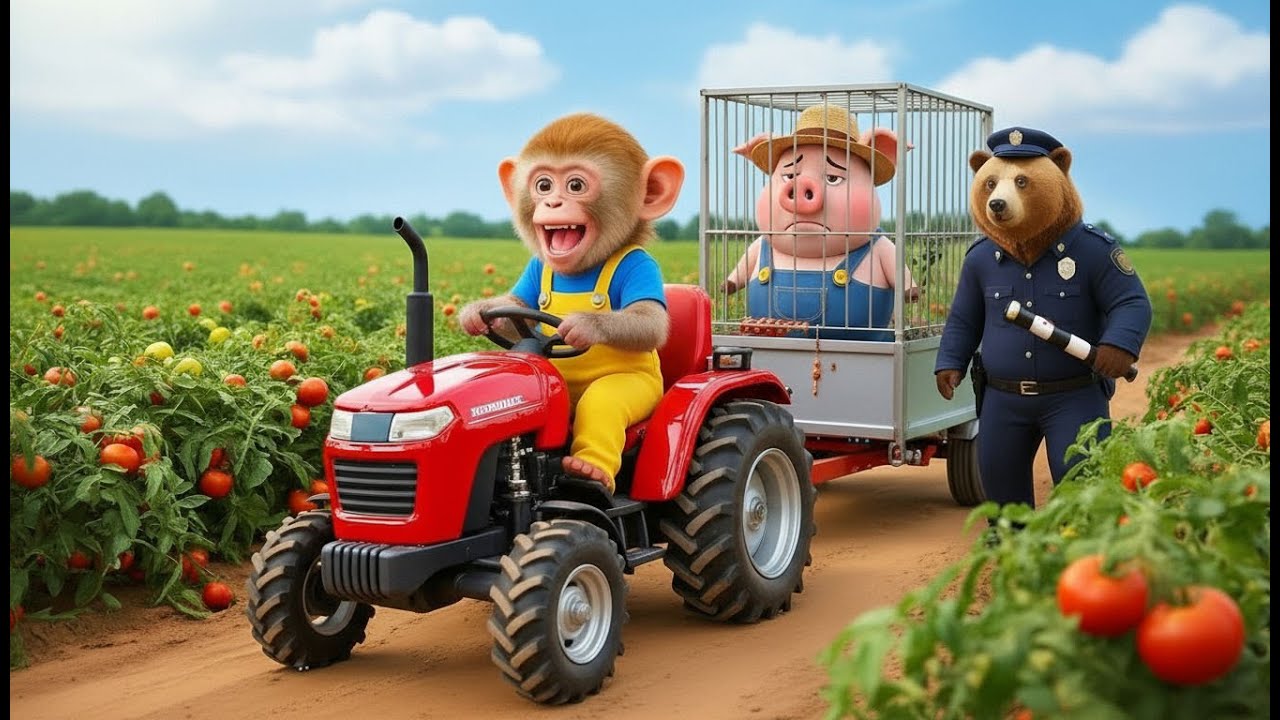 Baby Monkey Eric Drives a Tractor to Help Police Catch a Tomato Thief 🚜🐒👮🍅 ERIC MONKEY LIFE