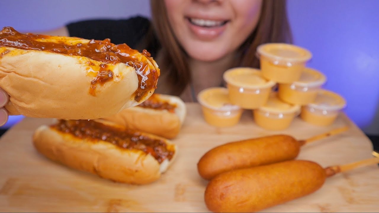 ASMR CHEESY WIENERSCHNITZEL CHILI DOGS + CORN DOGS MUKBANG *NO TALKING*