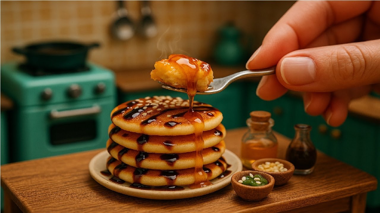 Mini Pancake Stack | Fluffy Tiny Pancakes Cooked on Real Mini Griddle | ASMR Miniature Breakfast