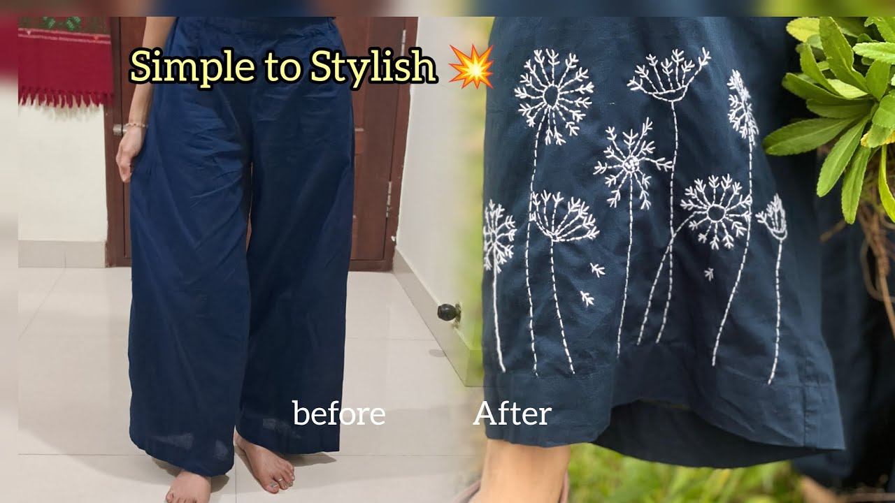 Plain Pant Thread Work Design | Hand Embroidery Magic ✨/ ಪ್ಲೇನ್ ಪ್ಯಾಂಟ್ ಅನ್ನು ಡಿಸೈನರ್ ಪ್ಯಾಂಟ್ ಮಾಡಿ 🪡