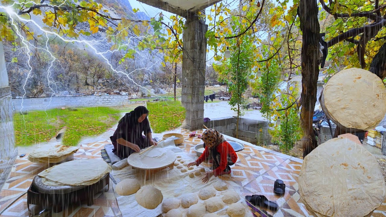 Baking local bread in the heart of nature: The difficult life of nomads on a rainy and cloudy day