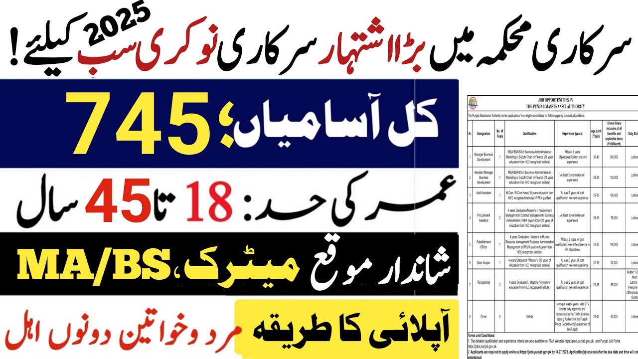 Today new government jobs in Pakistan 2025|Today Punjab mass transit authority jobs in Pakistan