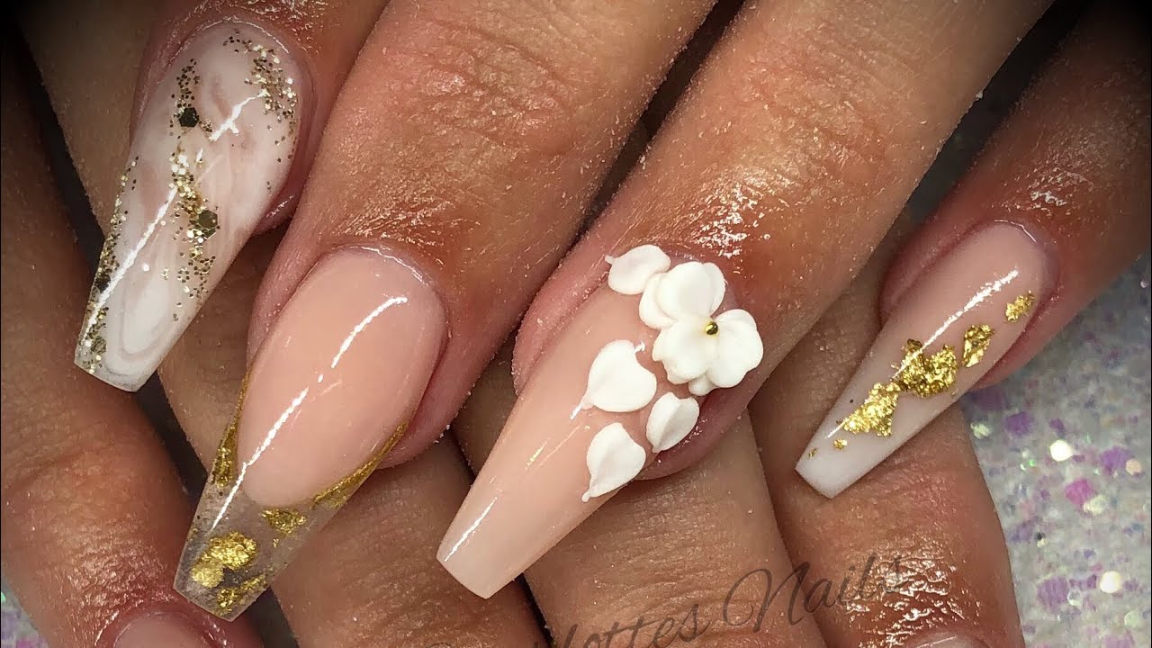 Acrylic nails - ombré design with gold leaf & 3d nail art