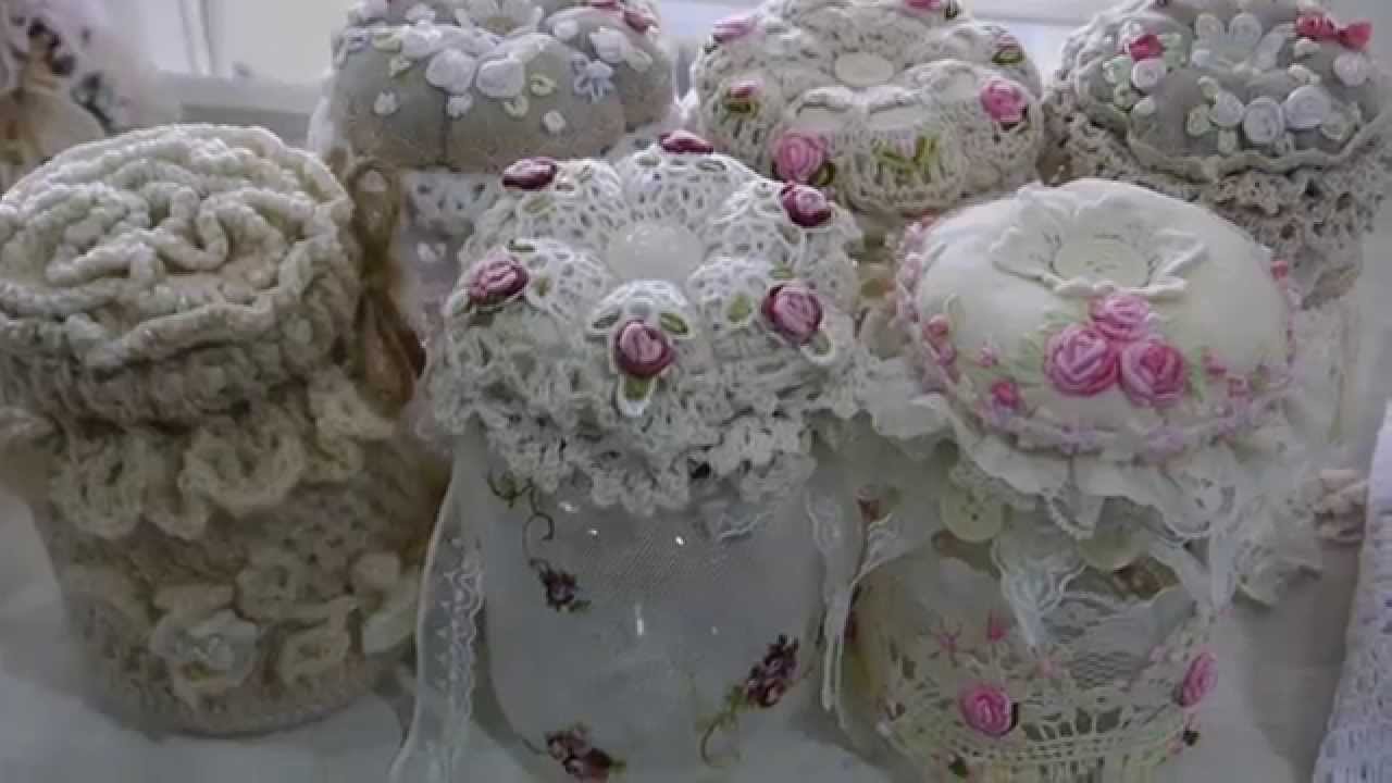 Altered Canvas bag/fabric flowers/ pin cushion  jars/paper bag card/Lace gift bag
