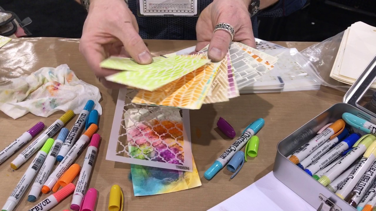 Tim Holtz demos Distress Crayons over Gesso with Stencils - Creativation - CHA 2017